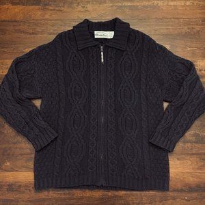 Aran Crafts Ireland Merino Wool Sweater Full Zip Up Cable Knit Cozy Purple Sz XL